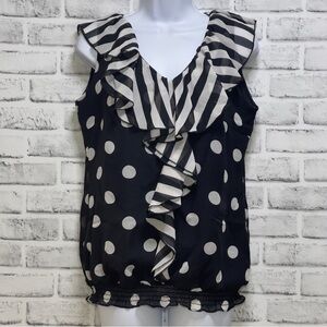 Milano Sleeveless Mixed Back White Pattern Ruffled Neck Blouse Small